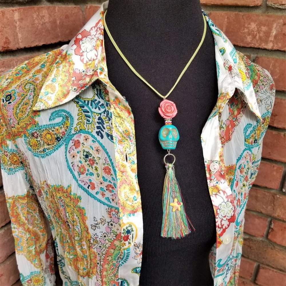 Artisan Necklace Halloween Turquoise Skull Pink Rose Tassel Green Suede Cord - Picture 4 of 6